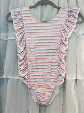 Charming Mary Waterfall Ruffle Pastel Stripe One-Piece Swimsuit Sz 10